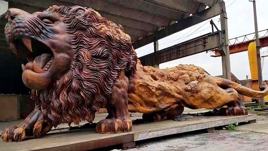 wooden lion statue